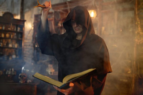 male exorcist in black hood holds book of spells 2021 08 30 15 43 43 utc